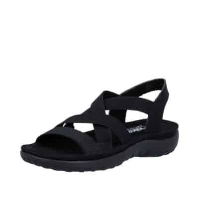 Rieker sandal til dame i sort med elastik og stødabsorberende sål samt elegant detalje