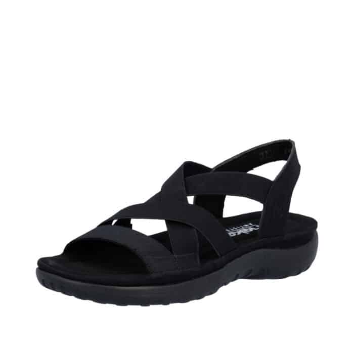 Rieker sandal til dame i sort med elastik og stødabsorberende sål samt elegant detalje