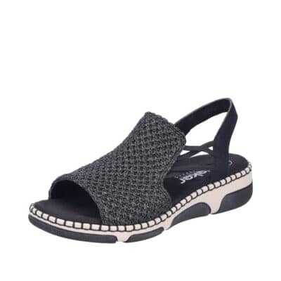 Rieker sandal i sort til dame med 4 cm kilehæl og elastikker i siderne samt stødabsorbering