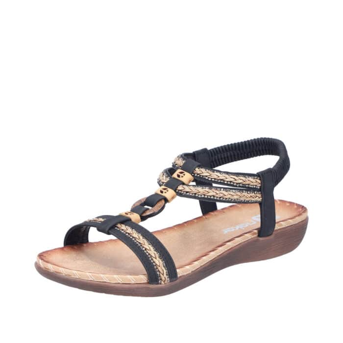 Rieker sandal til dame i sort med hælrem i elastik og lille kilehæl på 3 cm samt stødabsorbering