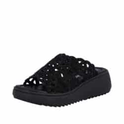 Rieker sandal til dame i sort med glimmeroverdel og kilehæl på 6 cm samt stødabsorberende sål