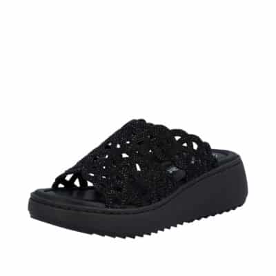 Rieker sandal til dame i sort med glimmeroverdel og kilehæl på 6 cm samt stødabsorberende sål