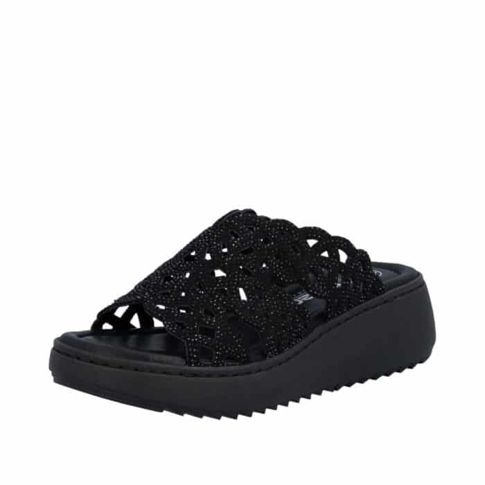 Rieker sandal til dame i sort med glimmeroverdel og kilehæl på 6 cm samt stødabsorberende sål