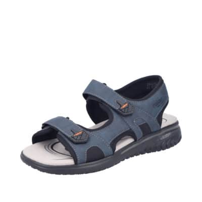 Rieker sandal til herre i blå med justerbare velcrorem og stødabsorberende ydersål.