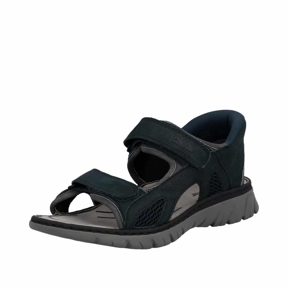 Rieker Ready 2 Go sandal til herre i blå med velcroremme og stødabsorbering.
