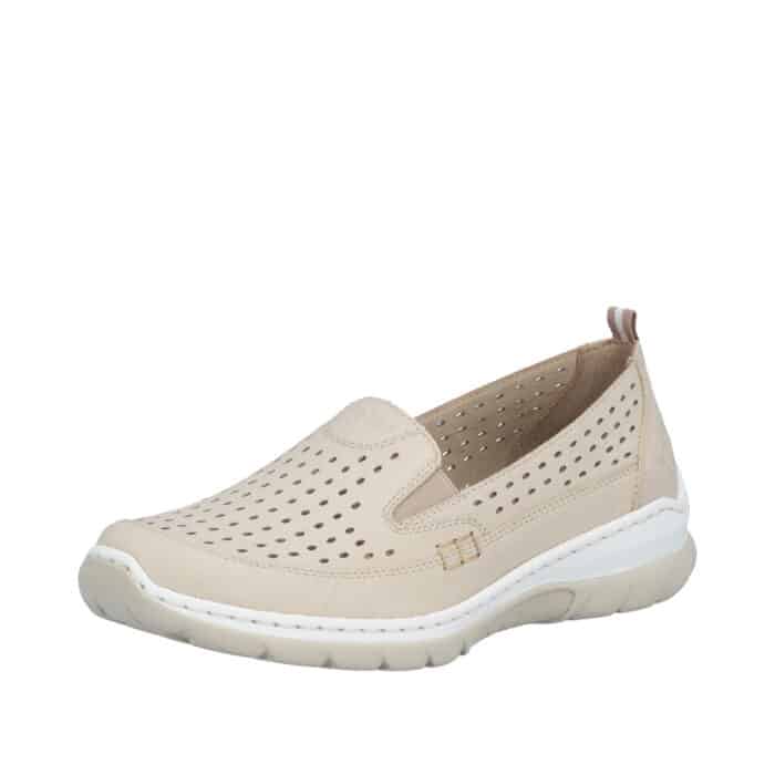 Rieker sko til dame i beige med skindoverdel og Memosoft-sål samt elastik og stødabsorberende sål