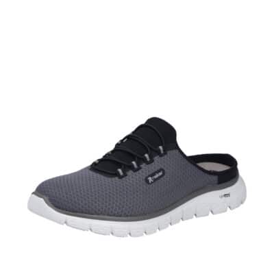 Rieker slippers til herre i grå med åben hælkappe samt elastik foran og mesh-overdel