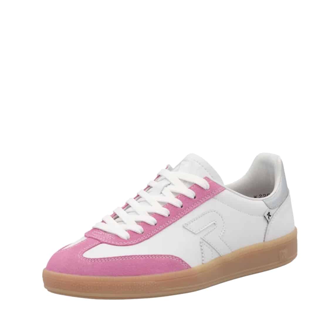 Rieker sneakers til dame i hvid med lyserøde detaljer og udtagelig sål samt snørebånd og ekstra bredde G
