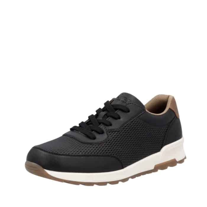 Rieker sneakers til herre i sort med brune detaljer og ekstra bredde G samt snørebånd
