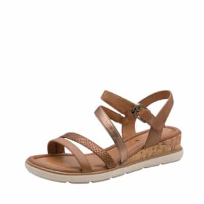 Tamaris sandal til dame i brun med kilehæl på 4,5 cm samt Touch-It sål og velcrorem