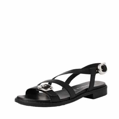 Tamaris sandal til dame i sort med skindoverdel med 2 justerbare sølv spænder samt skindsål