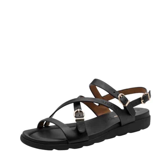 Tamaris sandal til dame i sort skind med tre gyldne og justerbare spænder samt Touch-It indersål