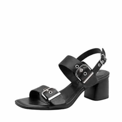 Tamaris sandal til dame i sort skind med spænder og blokhæl på 5,5 cm samt Anti-Shock