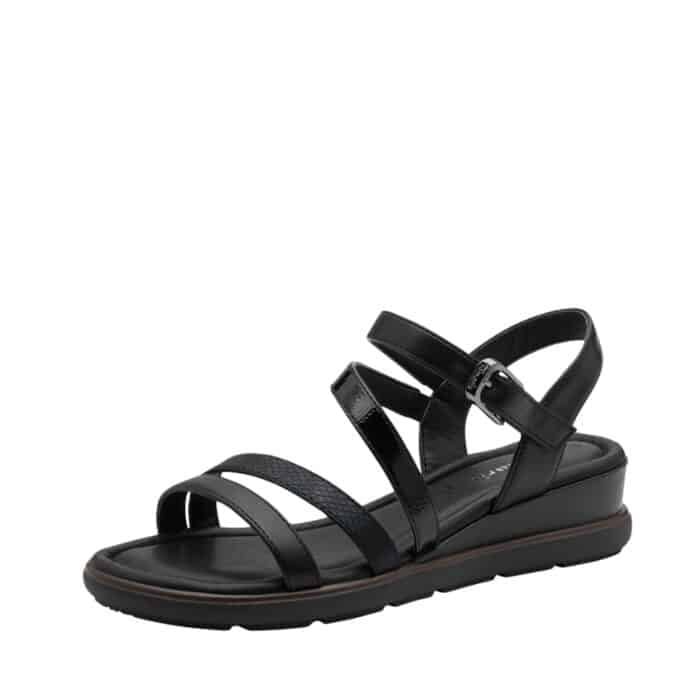 Tamaris sandal til dame i sort med kilehæl på 4,5 cm samt Touch-It sål samt velcrorem