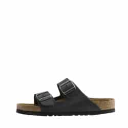Birkenstock Arizona Narrow sandal til dame i sort med skindoverdel og to jutserbare spænder samt ruskindssål