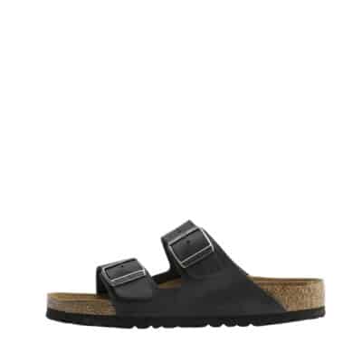 Birkenstock Arizona Narrow sandal til dame i sort med skindoverdel og to jutserbare spænder samt ruskindssål