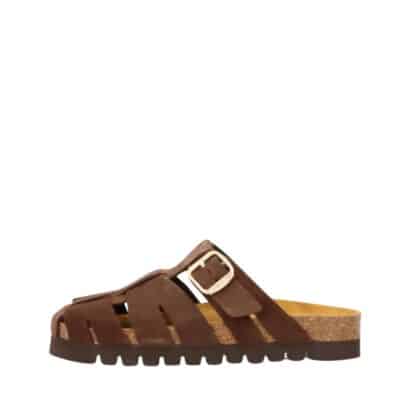 Phenumb Copenhagen Punch S slippers til dame i mørkebrunt skind med flettet rem og blød sål.