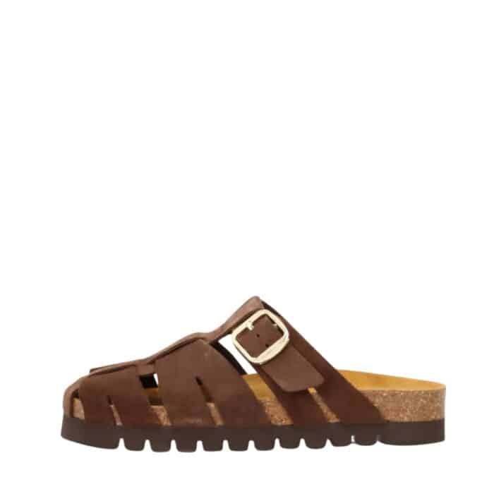 Phenumb Copenhagen Punch S slippers til dame i mørkebrunt skind med flettet rem og blød sål.