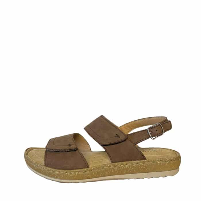 Relaxshoe sandal til dame i brun skind med velcroremme og hælrem.