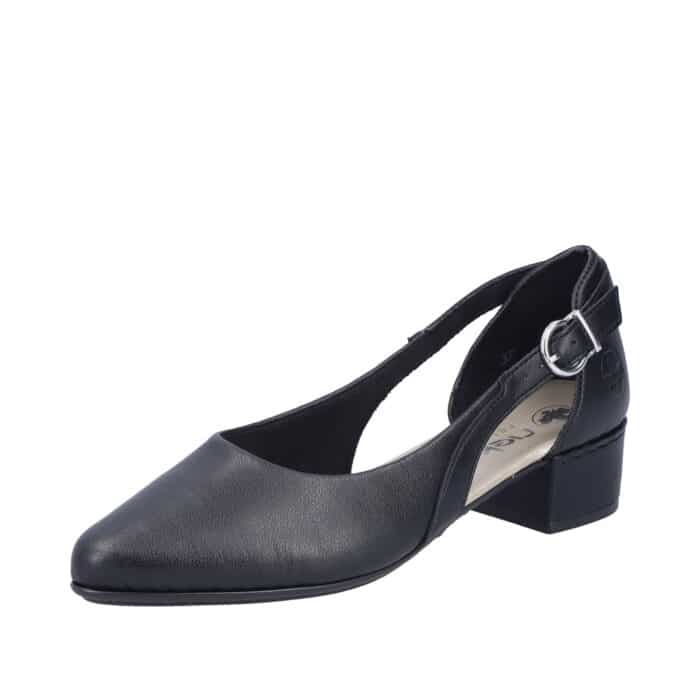 Rieker pumps til dame i sort med 3,5 cm blokhæl samt skindoverdel og stødabsorbering