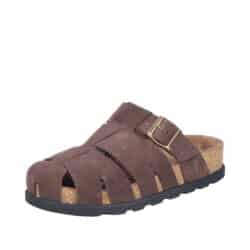 Rieker slipper til dame i brunt skind med lukket fod og rem med spænde.