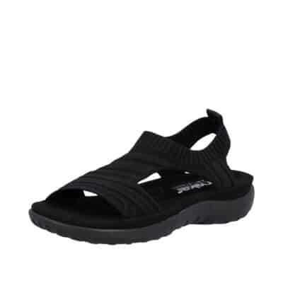 Rieker sandal til dame i sort med elastisk rem og fine detaljer.