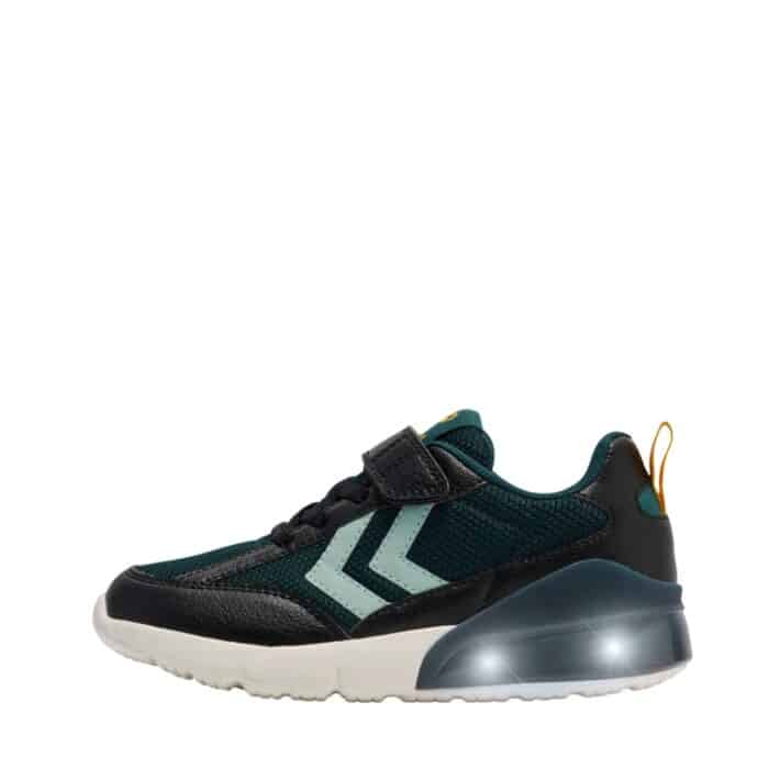 Hummel Daylight JR sneakers til børn i blå og grøn med blinklys samt udtagelig sål og justerbar velcrorem