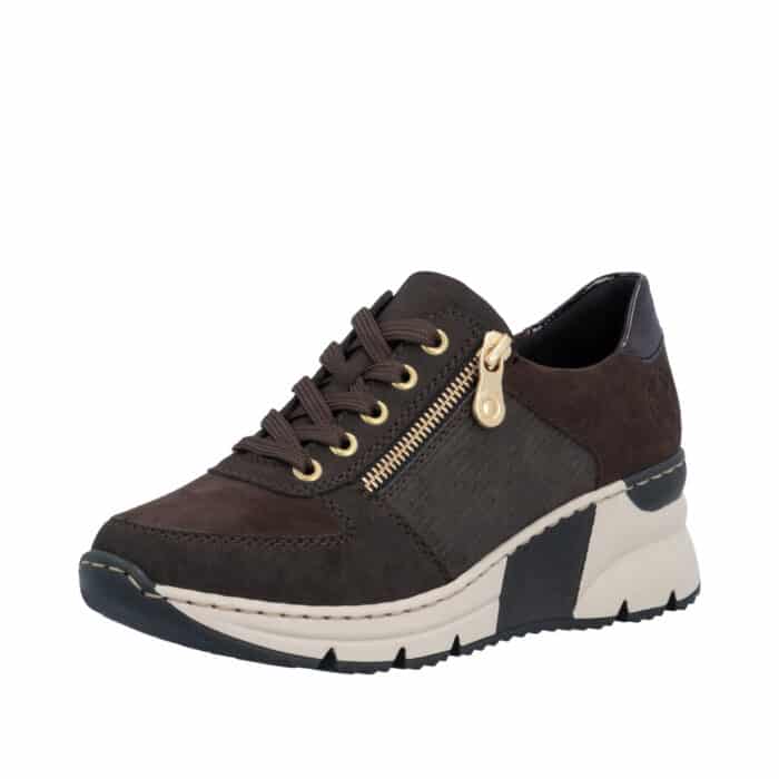 Rieker sneakers til dame i brunt ruskind med kilehæl og lynlås samt snørebånd