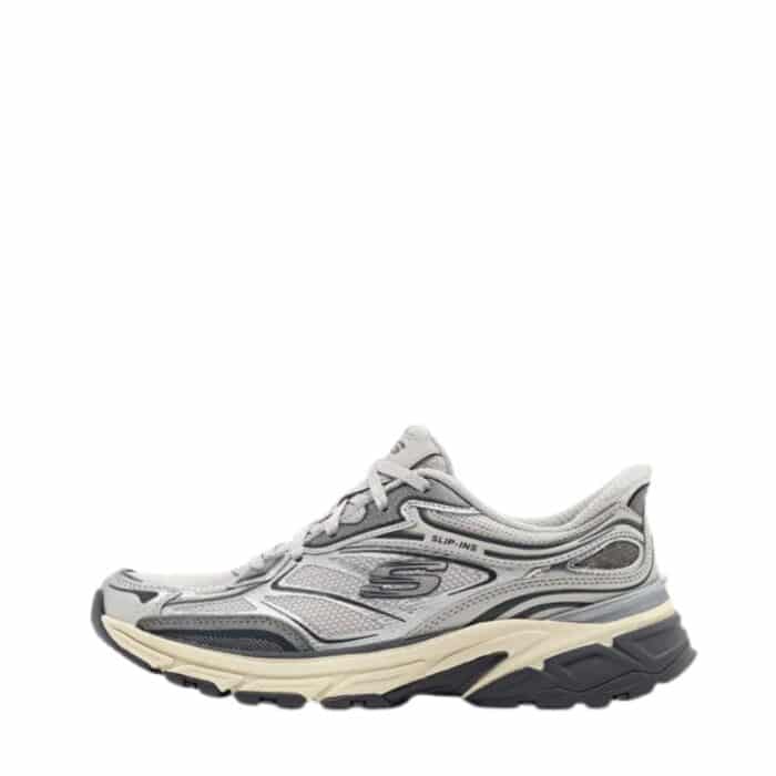 Skechers Slip-In Stamina Sport sneakers til dame i sølv med fast hælkappe og memory sål samt snørebånd