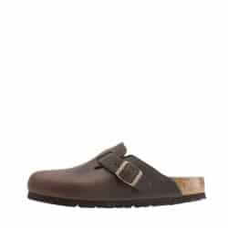 Birkenstock Boston Slippers til dame i brun med ruskindsål og justerbar rem.