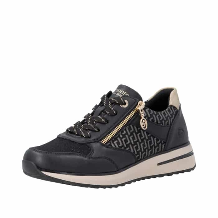 Remonte sneakers til dame i sort med guld detaljer og funktionel lynlås samt udtagelig sål