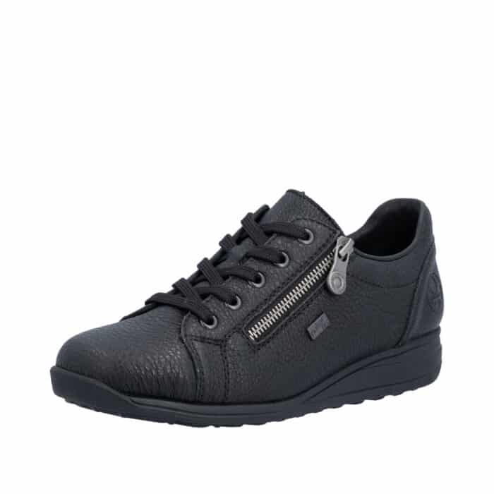 Rieker sneakers til dame i sort med skindoverdel og ekstra bredde H samt Rieker-Tex og udtagelig sål