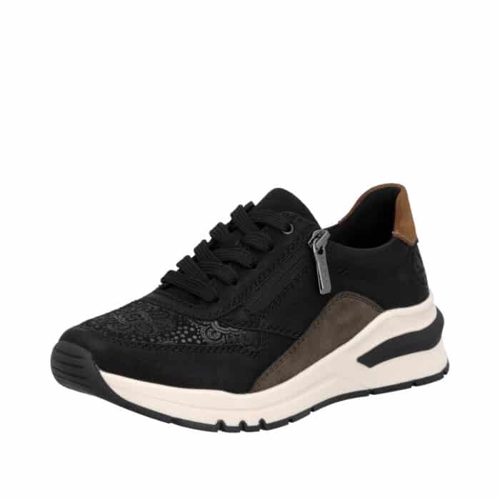 Rieker sneakers til dame i sort med udtagelig sål og ekstra bredde H samt funktionel lynlås
